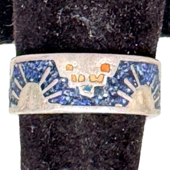 Vintage Mexican Sterling Silver Ring Blue Enamel Mountain Sunrise Sunset 7.5 - Picture 1 of 10